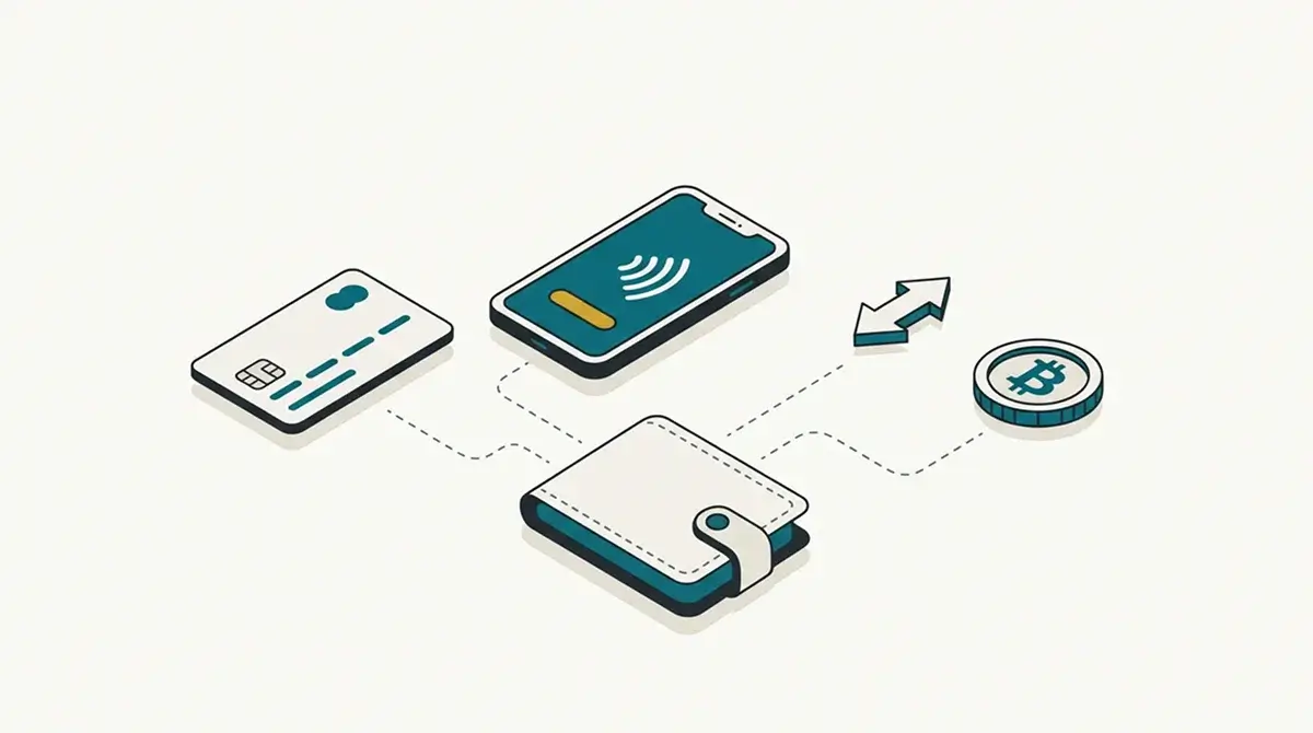 Ilustrace různých platebních metod v online casinu — karta, mobilní platba a bankovní převod