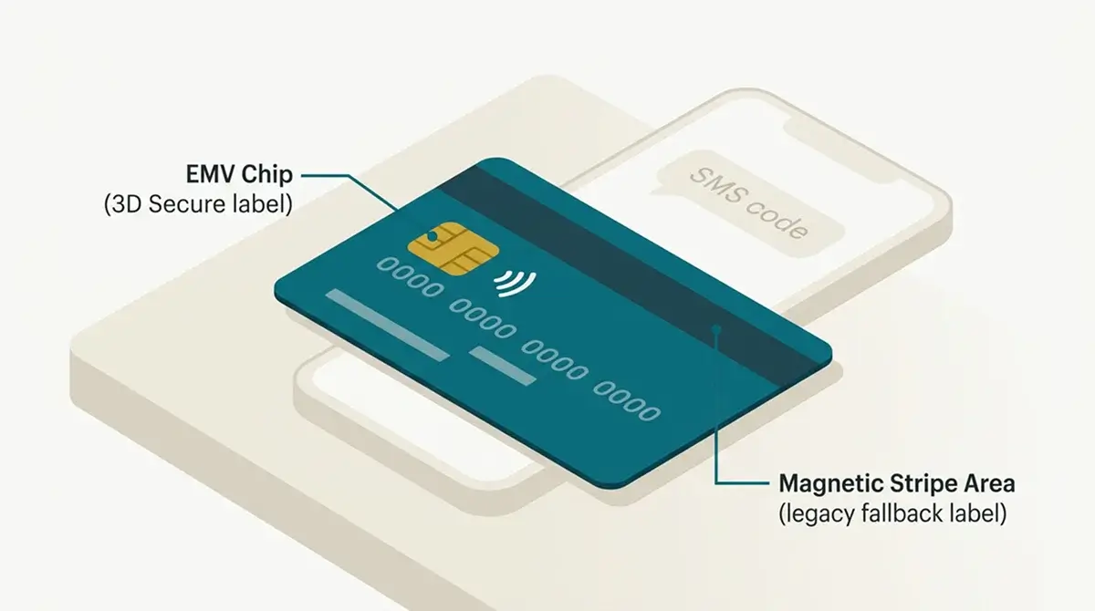 Detail platební karty s vyznačením prvků 3D Secure a Identity Check pro online platby